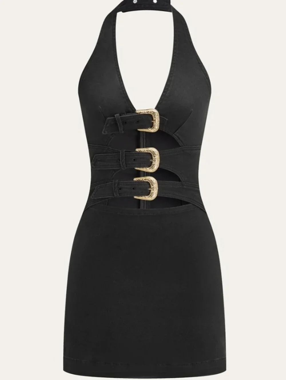Commense Denim Halter Mini Dress Triple Gold Buckle Detail Cutout Black M NWT
